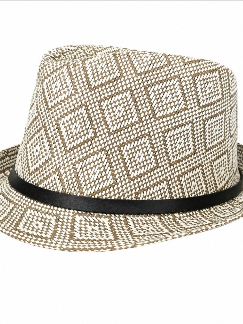 AMiCi Accessories Woven Fedora Hat Tan White Geometric Black Band One Size
